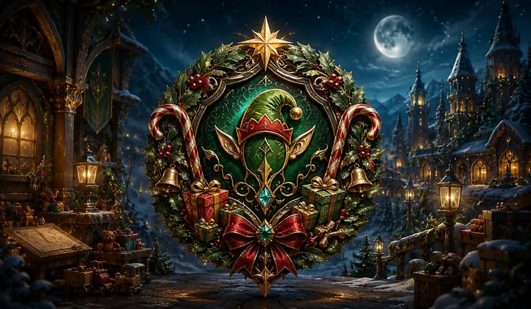 Christmas elf emblem: a holly wreath with an elf hat and star